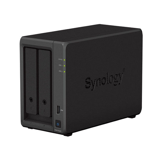 Zwarte Synology DVA1622 2-bay desktop NVR met twee schijfslots, statuslampjes en USB-poort aan de voorzijde.