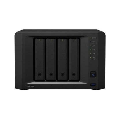 Zwarte Synology DVA3221 NVR met vier schijfposities, statuslampjes en een aan-uitknop op een witte achtergrond.
