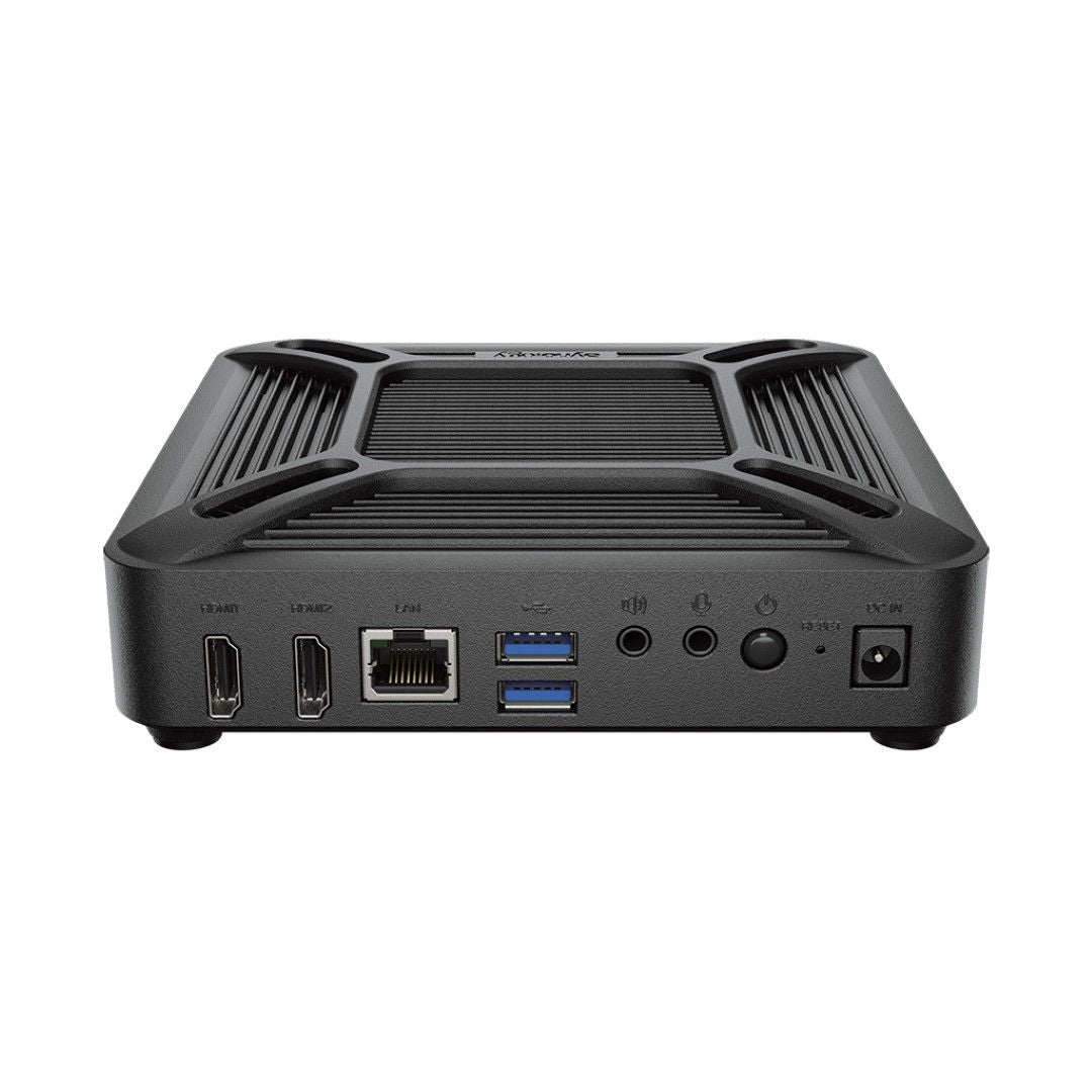 Zwarte Synology VS600HD bewakingsclient met HDMI-, LAN- en USB-poorten op een compacte, geribbelde behuizing.