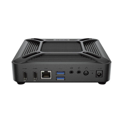 Zwarte Synology VS600HD bewakingsclient met HDMI-, LAN- en USB-poorten op een compacte, geribbelde behuizing.
