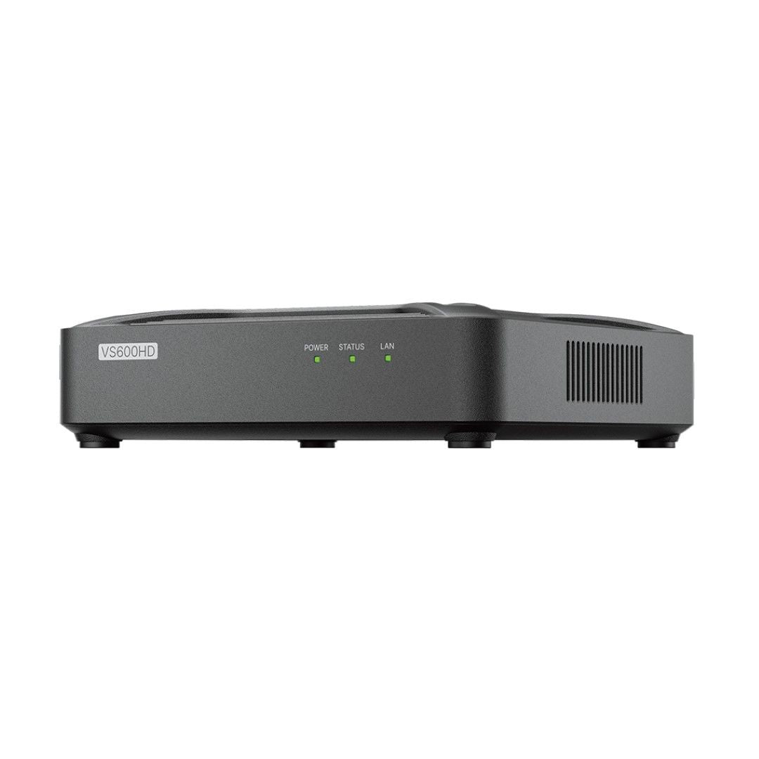 Compacte zwarte Synology VS600HD bewakingsclient met statuslampjes en ventilatieroosters aan de zijkant.