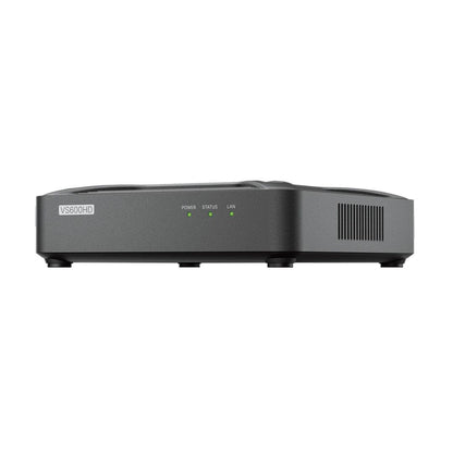 Compacte zwarte Synology VS600HD bewakingsclient met statuslampjes en ventilatieroosters aan de zijkant.