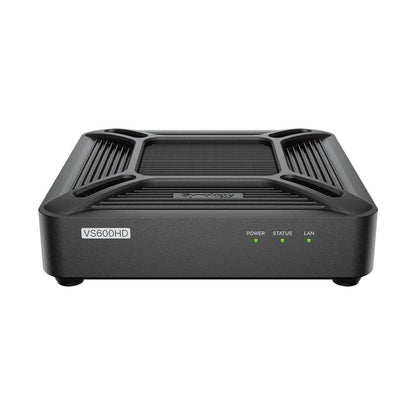 Compacte zwarte Synology VS600HD bewakingsclient met ventilatierooster en status-LED's op de voorzijde.