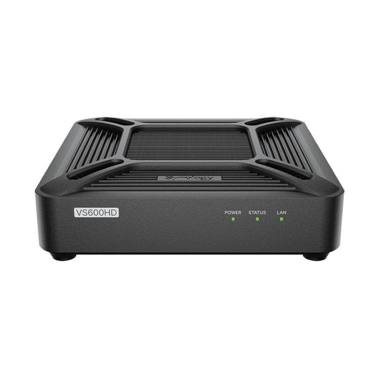 Compacte zwarte Synology VS600HD bewakingsclient met ventilatierooster en status-LED's op de voorzijde.