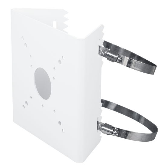 Witte Vivotek AM-312 V04 verstelbare montagearm voor beveiligingscamera's met metalen bevestigingsbanden.