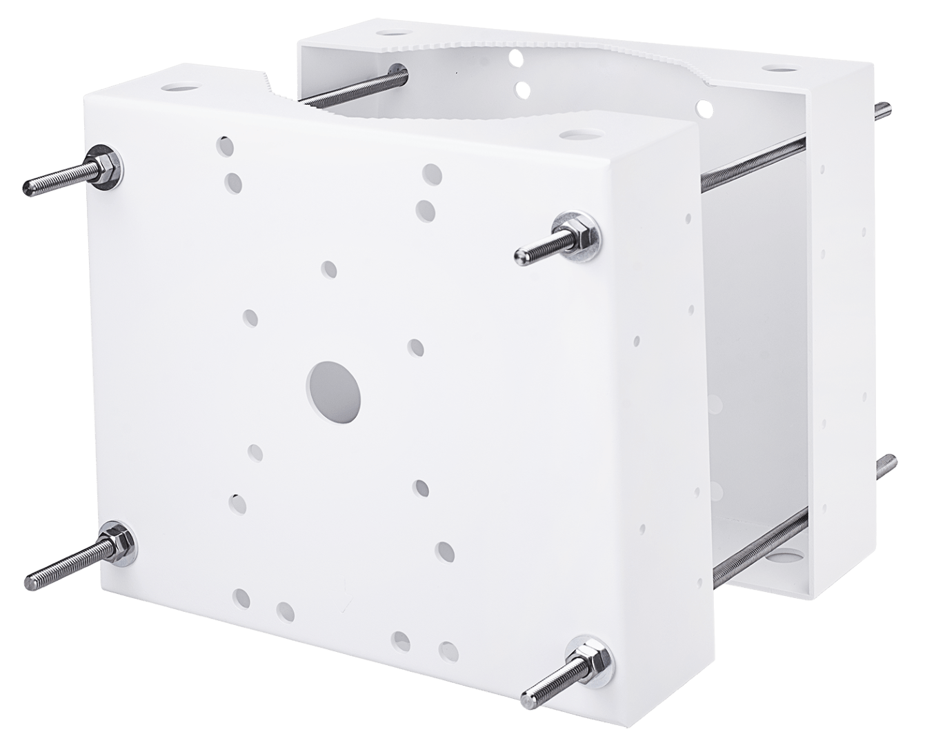 Witte Vivotek AM-315 montagebeugel voor beveiligingscamera's met robuuste constructie en vier bevestigingsbouten.