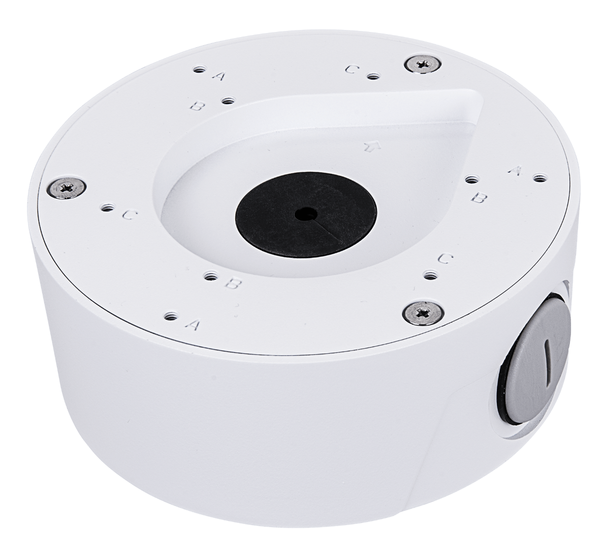 Witte ronde Vivotek AM-71B montageadapter van 138mm voor dome beveiligingscamera's met schroefgaten en kabeldoorvoer.