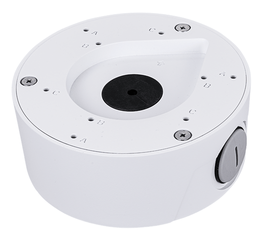 Witte ronde Vivotek AM-71B montageadapter van 138mm voor dome beveiligingscamera's met schroefgaten en kabeldoorvoer.