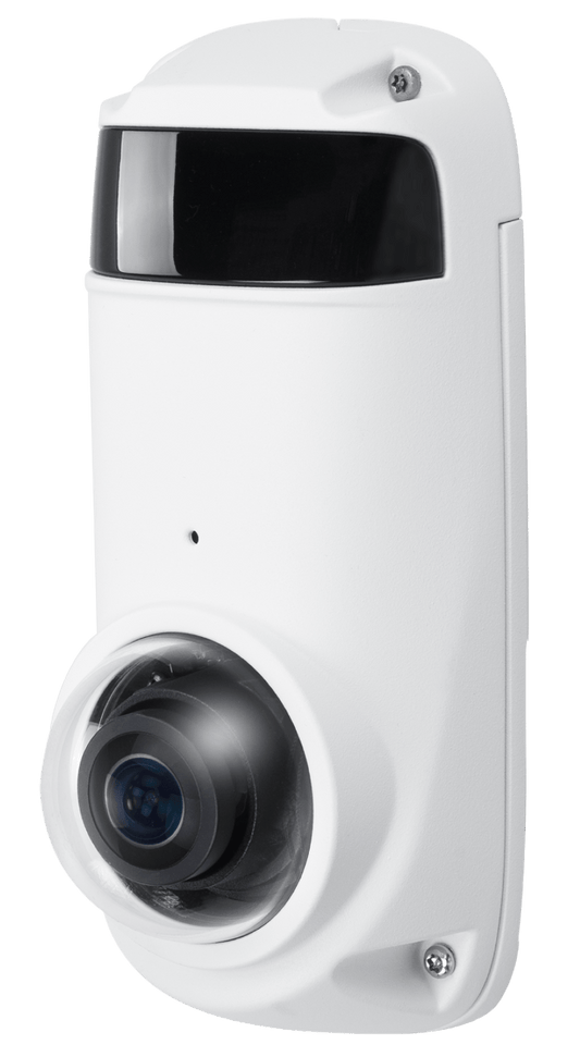Witte Vivotek CC9381-HV-V2 5MP outdoor panoramische beveiligingscamera met 180° lens en IR-nachtzicht.