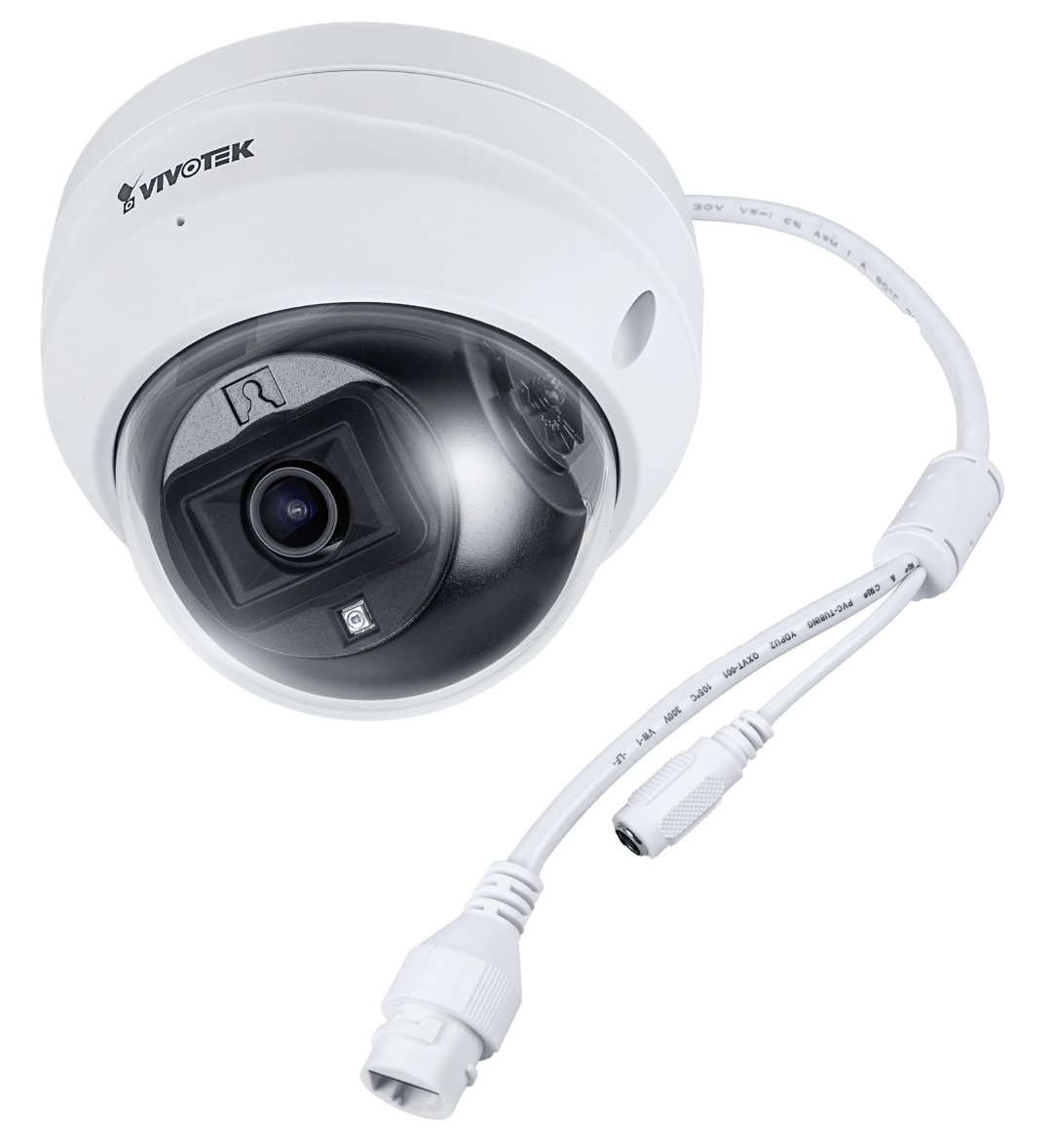 Witte Vivotek FD9369 Full HD outdoor dome camera met 2,8mm lens, IR-nachtzicht en aangesloten PoE-kabel.