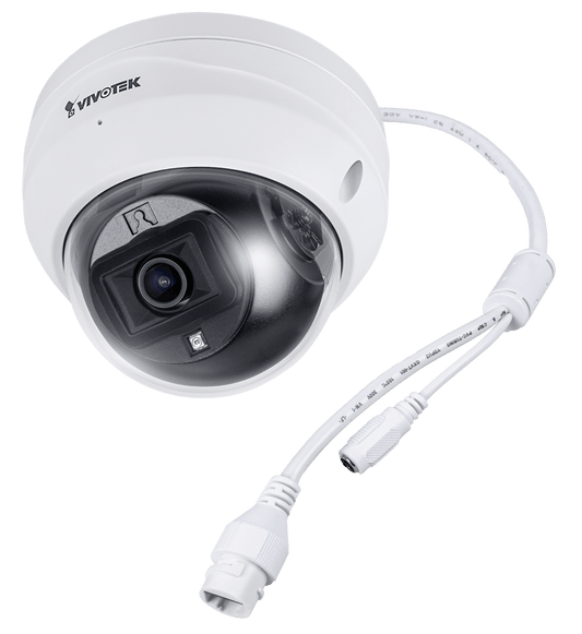 Witte Vivotek FD9369 Full HD outdoor dome camera met 2,8mm lens, IR-nachtzicht en aangesloten PoE-kabel.