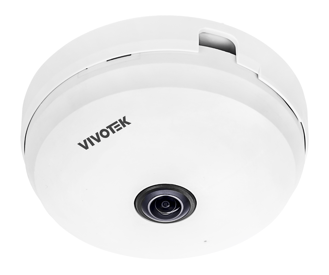 Compacte witte Vivotek FE9180-H-v2 5MP fisheye beveiligingscamera voor plafondmontage met 360 graden lens.