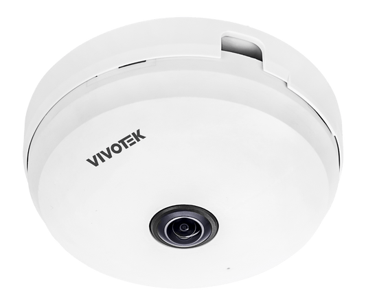 Compacte witte Vivotek FE9180-H-v2 5MP fisheye beveiligingscamera voor plafondmontage met 360 graden lens.