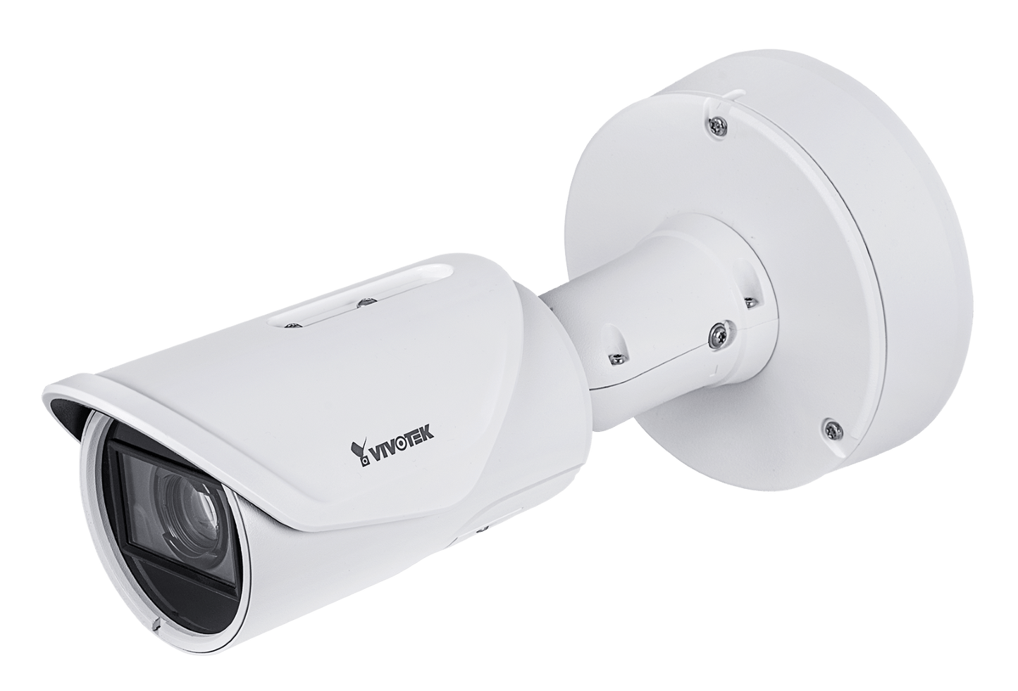 Witte Vivotek IB9367-EHT-v2 outdoor bullet beveiligingscamera met 5-50mm varifocale lens en robuuste wandmontagebeugel.