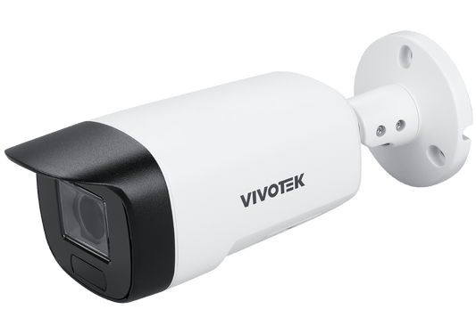 Witte Vivotek 8MP outdoor bullet camera met zwarte lenskap en verstelbare muurbeugel voor professionele beveiliging.