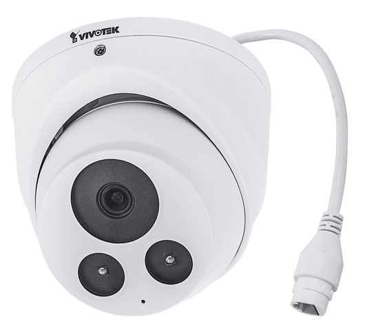 Witte Vivotek IT9360-H outdoor turret camera met 2MP lens, IR-nachtzicht en PoE-aansluiting.