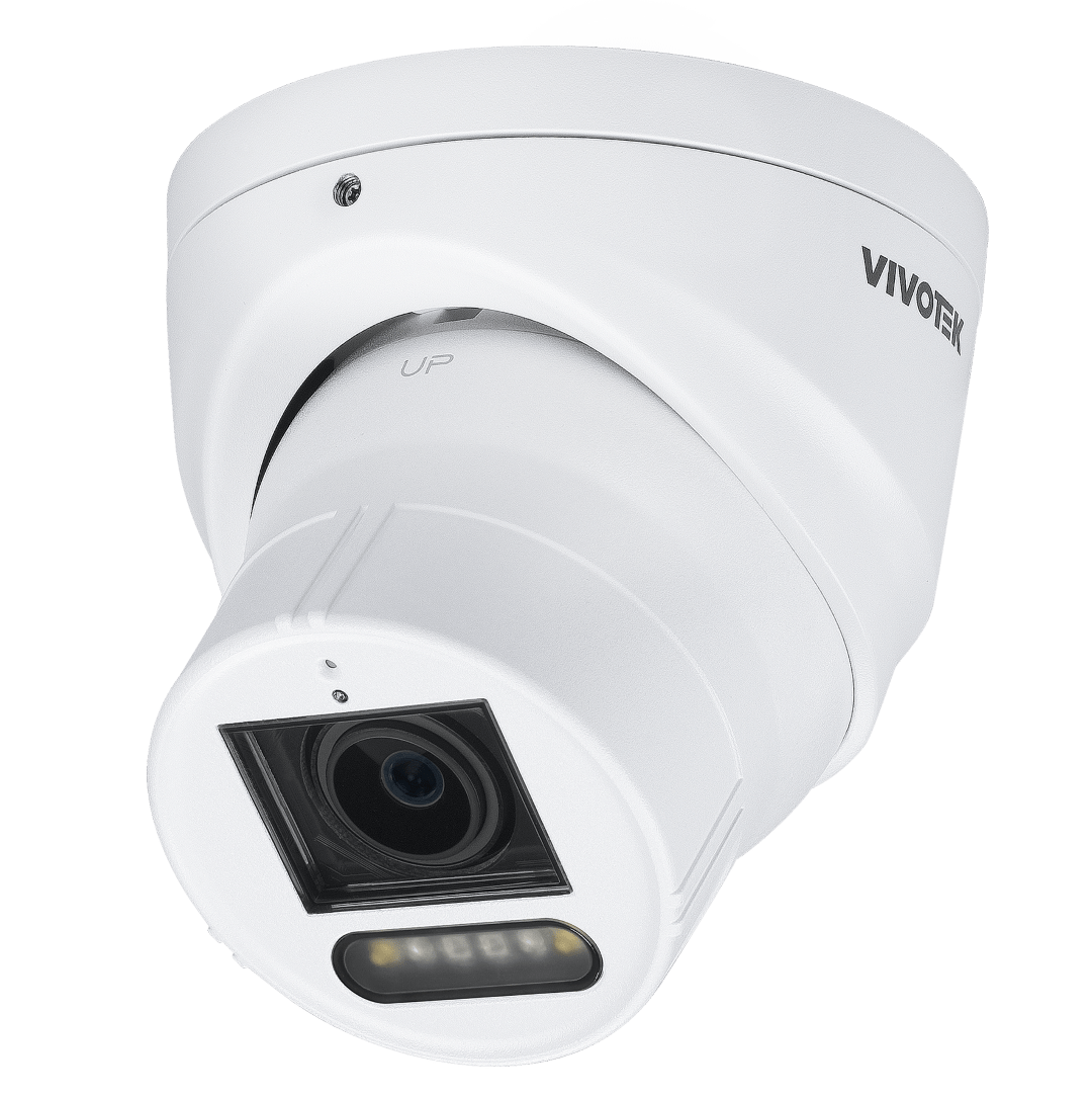 Witte Vivotek IT9399-HTVW 8MP outdoor turret beveiligingscamera met varifocale lens en ingebouwde IR-verlichting.