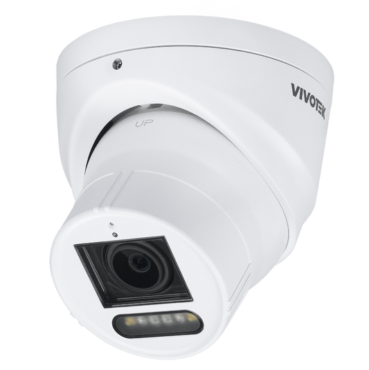 Witte Vivotek IT9399-HTVW 8MP outdoor turret beveiligingscamera met varifocale lens en ingebouwde IR-verlichting.