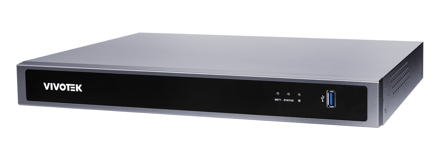 Zwarte Vivotek ND9426P 16-kanaals netwerkrecorder in compacte 1U rack-behuizing met USB-poort en statusindicatoren.