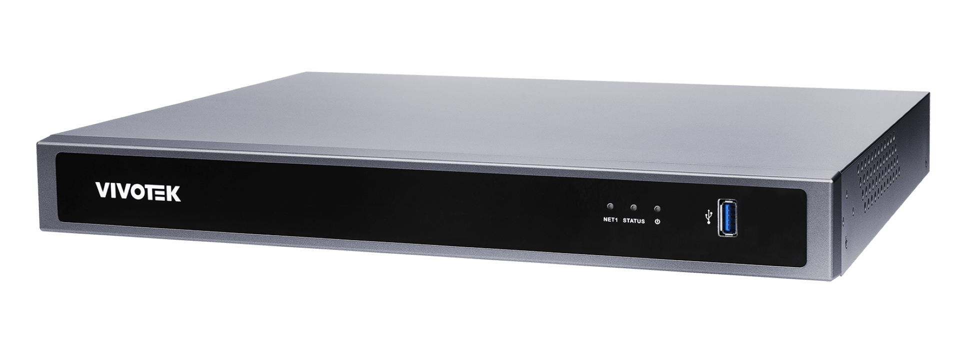 Zwarte Vivotek ND9426P 16-kanaals netwerkrecorder in compacte 1U rack-behuizing met USB-poort en statusindicatoren.