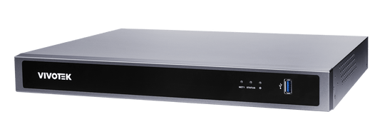 Zwarte Vivotek ND9426P 16-kanaals netwerkrecorder in compacte 1U rack-behuizing met USB-poort en statusindicatoren.