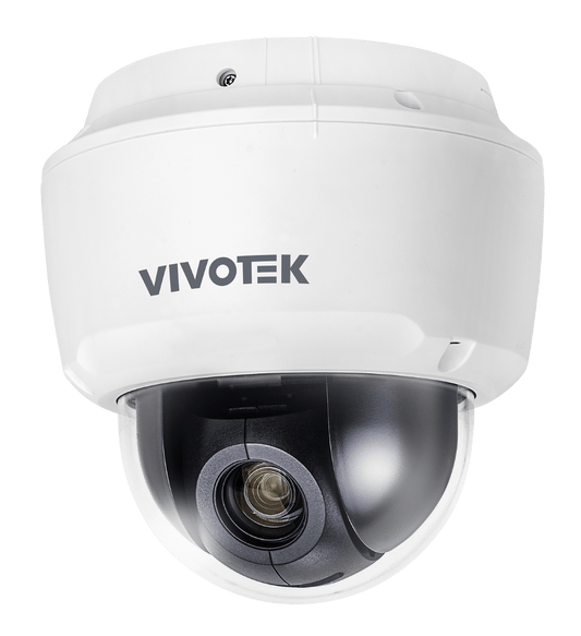 Witte Vivotek SD9161-H-v2 indoor speed dome camera met zwarte lensmodule en transparante koepel voor plafondmontage.