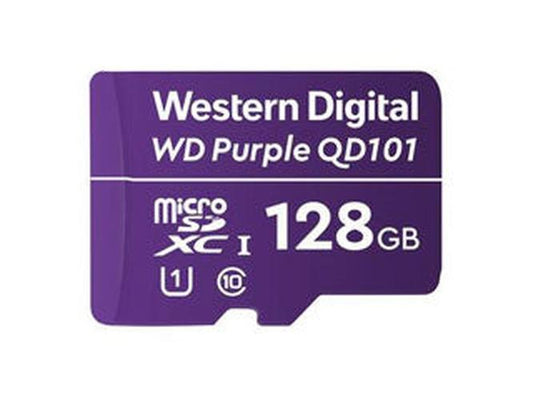 Paarse Western Digital Purple QD101 128GB microSD-kaart voor beveiligingscamera's met witte tekst en logo's.