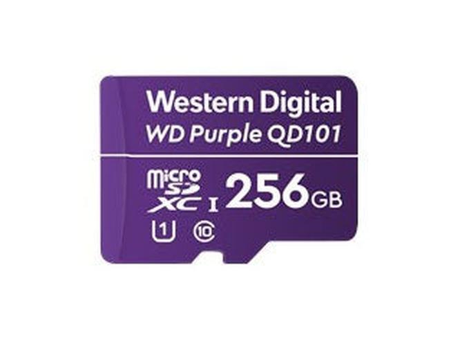 Paarse Western Digital Purple QD101 256GB microSD-kaart voor 24/7 videobewaking met witte tekst en microSDXC-logo.