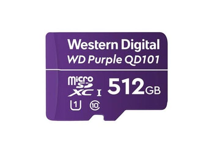 Paarse Western Digital Purple QD101 512GB microSD-kaart voor 24/7 videobewaking.