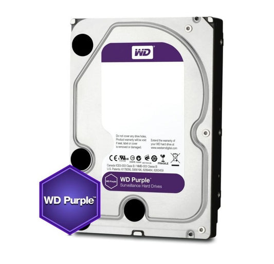 Western Digital Purple 6TB harde schijf met zilveren metalen behuizing en paars label voor bewakingssystemen.